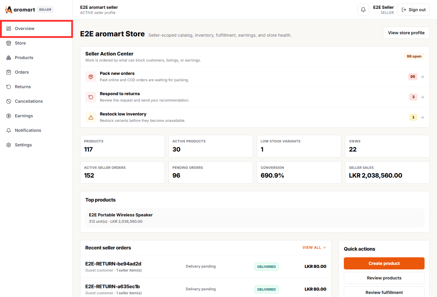 Seller overview dashboard with dummy store metrics and action center
