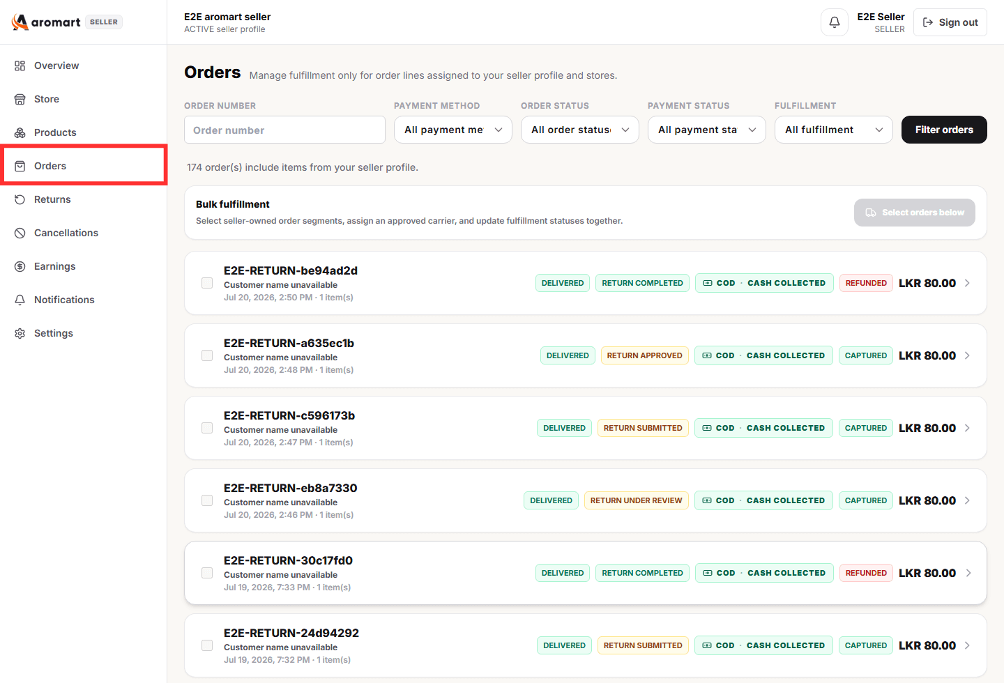 Seller orders queue with fulfillment and payment status badges
