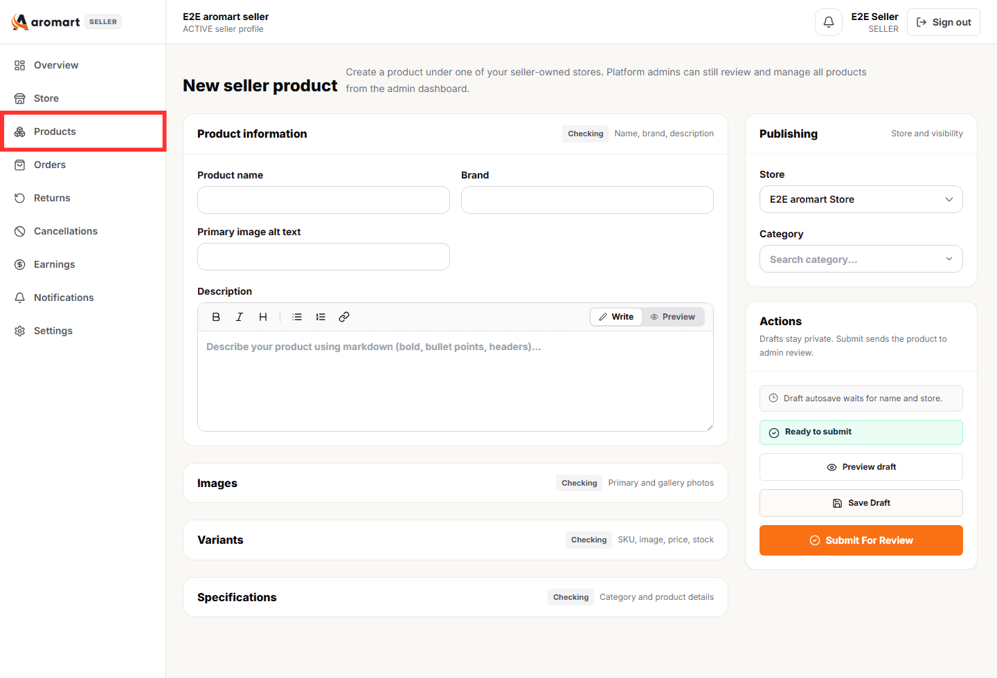 New seller product form with store, variant, and catalog controls