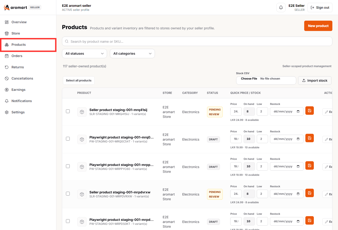 Seller product list with status, quick price, and stock controls