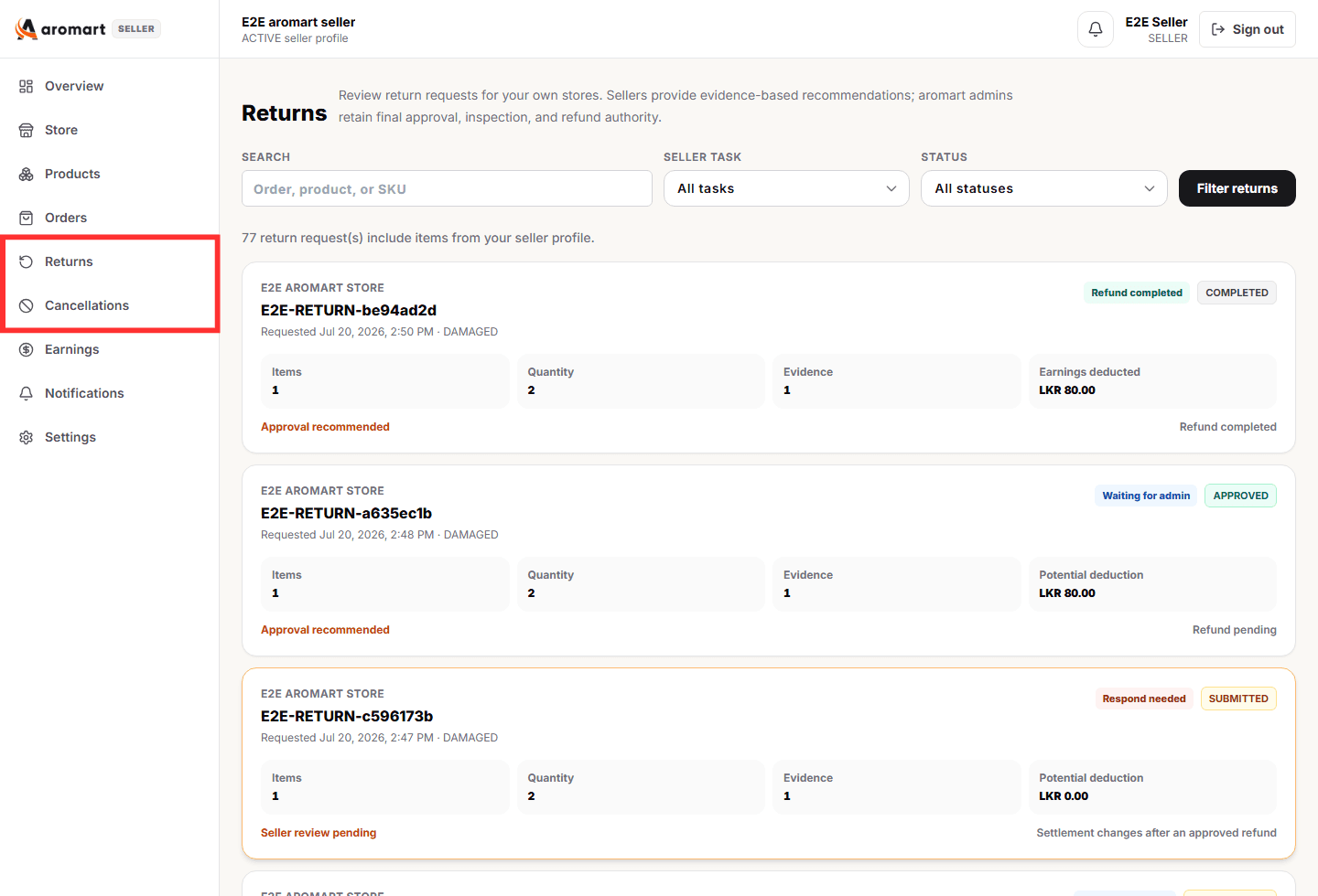Seller returns queue, including empty or active dummy return states
