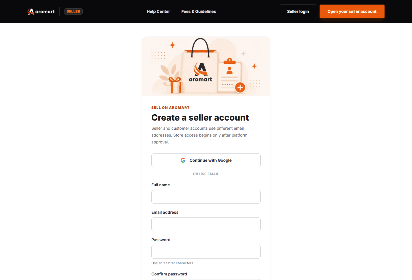 Seller registration page with the dedicated account form