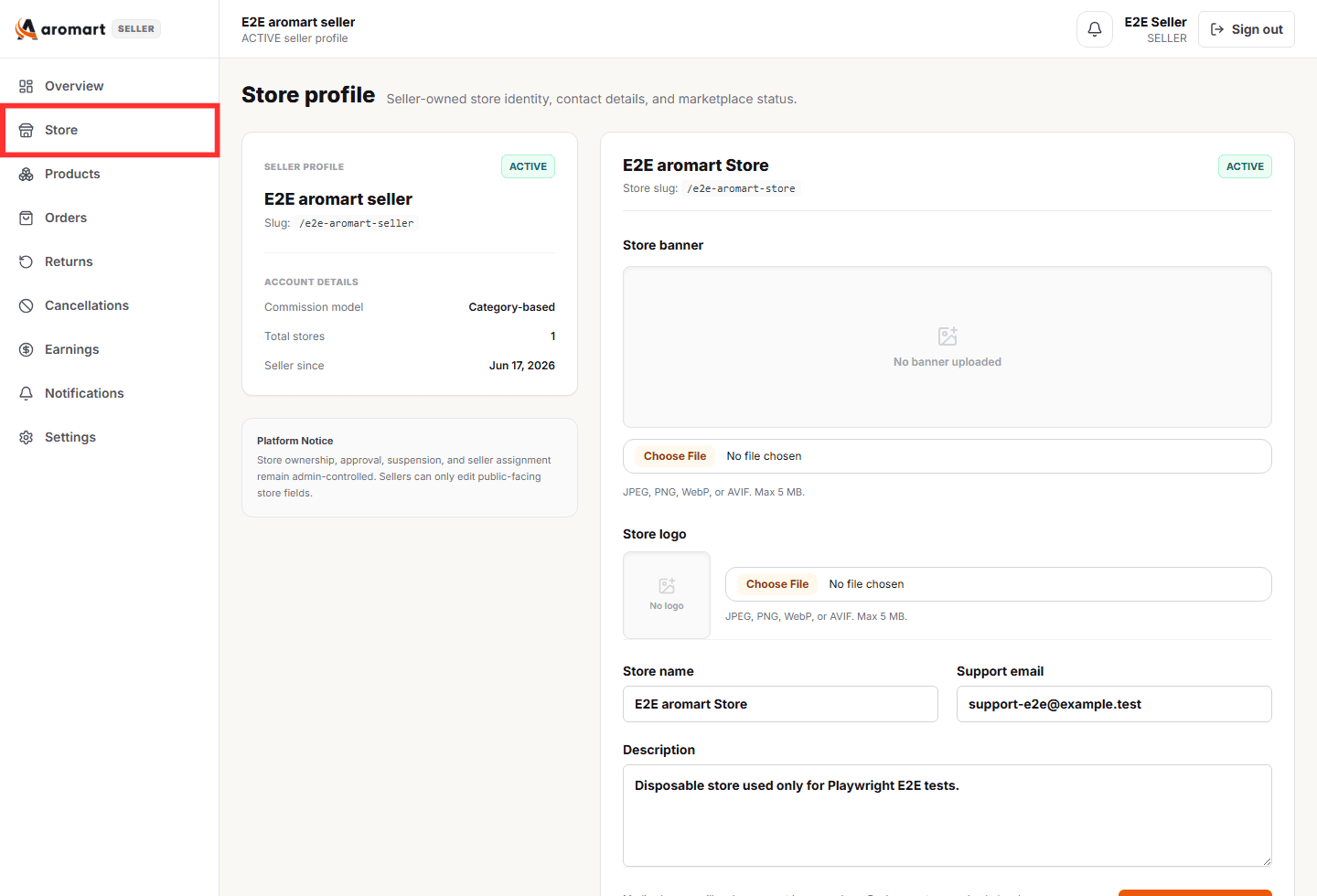 Store profile screen for managing the seller storefront identity
